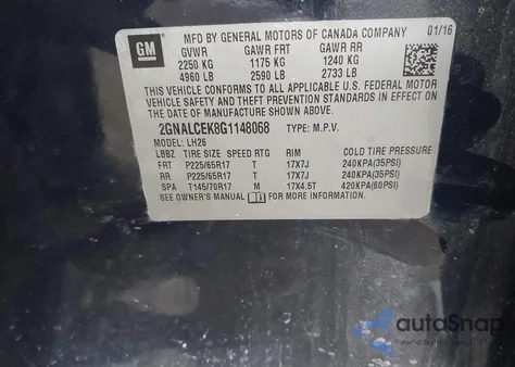 2016 Chevrolet Equinox Lt из США, поврежденный, VIN 2GNALCEK8G1148068